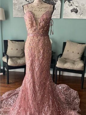 open lace back dress Feather Embellished Sequin Long Party Dress With Tail – Sultan Dress main image 1